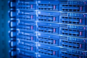 Server rack cluster in a data center blue