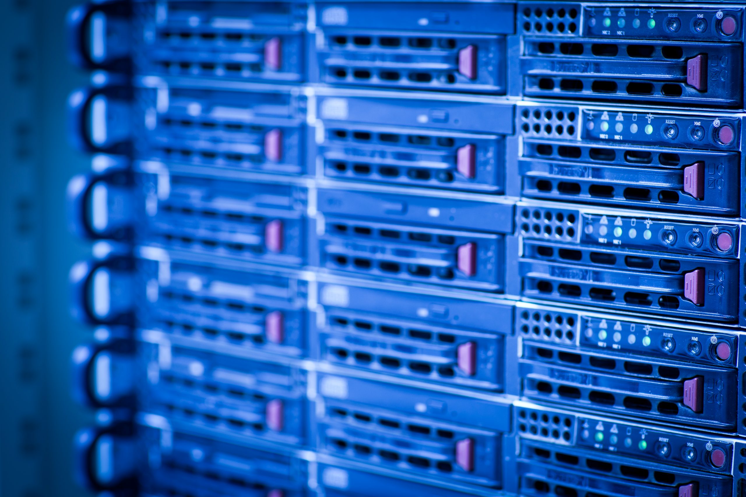 Server rack cluster in a data center blue